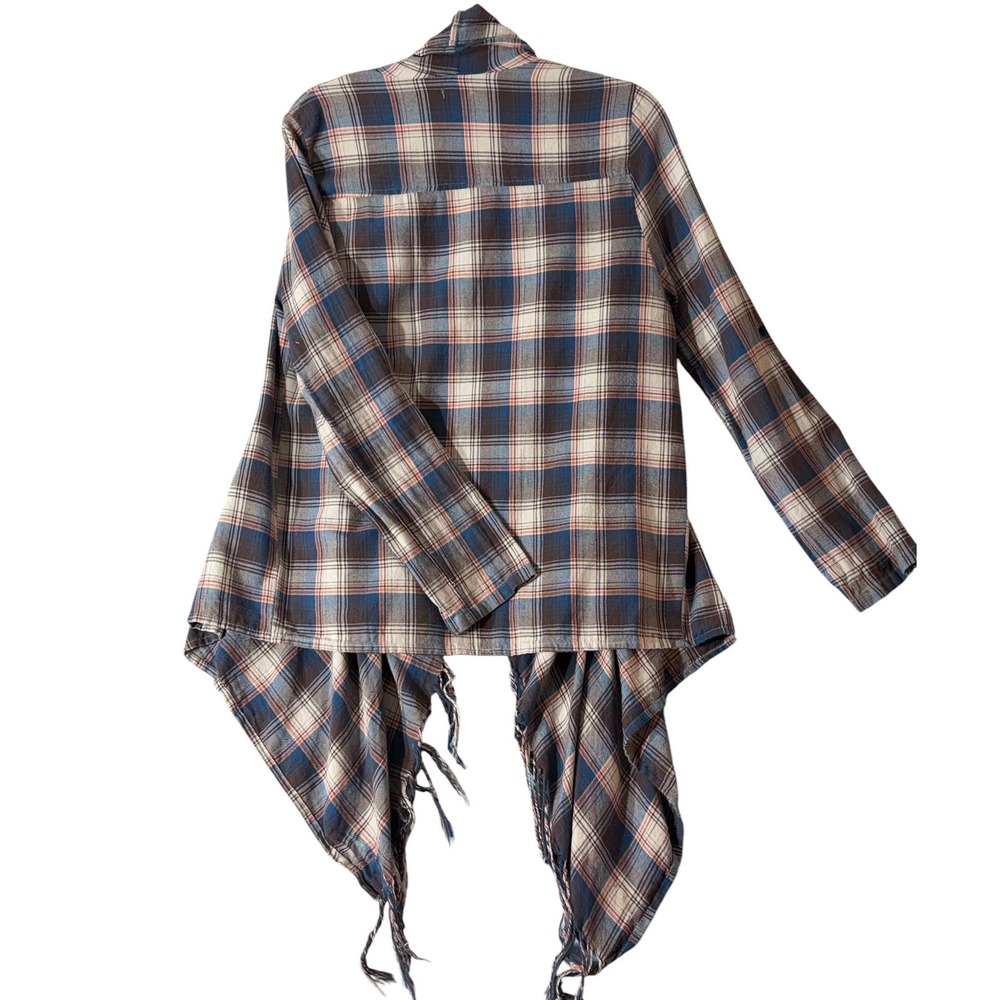 En Creme Medium Plaid Fringe Cardigan Waterfall Kimono Blue Cream Boho Western - Picture 3 of 11